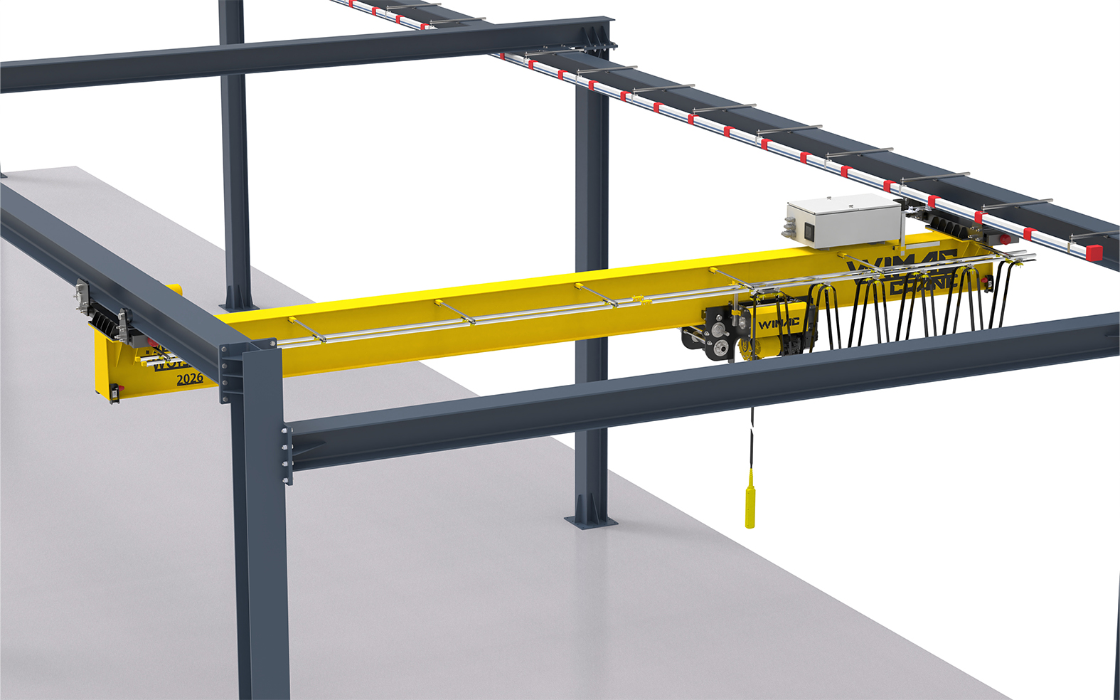 Underslung (low-headroom) overhead crane &mdash; component map